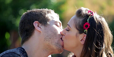 A pretty thing is getting kissed in the garden and then she moves inside