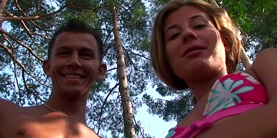Hot blonde is getting penetrated by guys in the forest