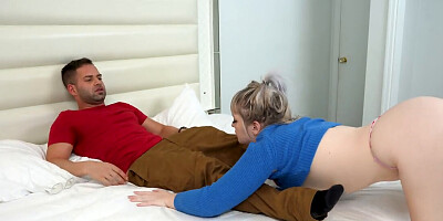 Adorable and pale girl takes care of his huge boner