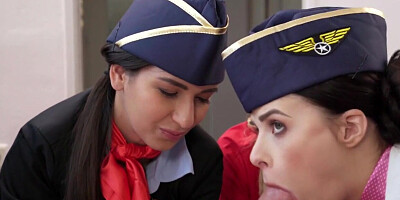 Hostel stunning stewardess sucking pilotes cock in 4some