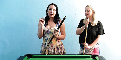 A busty couple playing strip billiards, which turns naughty quick