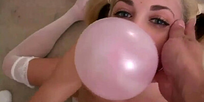 POV blowjob slut gives head and blows bubble gum