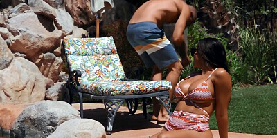 Amazing brunette is banging with lucky man on the swimming pool