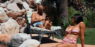 Amazing brunette is banging with lucky man on the swimming pool