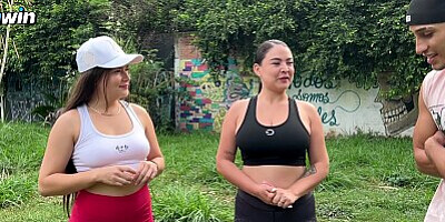 Stranger offers money to girlfriends in a public park to fuck their tight pussies