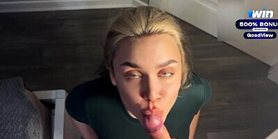 Hot stepsister practices blowjob technique on her brother's cock