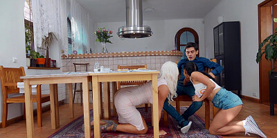 Blanche Bradburry and Nicole Love are sucking cock in the kitchen