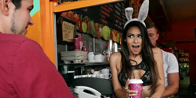 Slutty Latina barista has an affair with stranger right at work