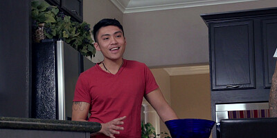 Busty Asian MILF Kianna Dior cleaning the kitchen floor