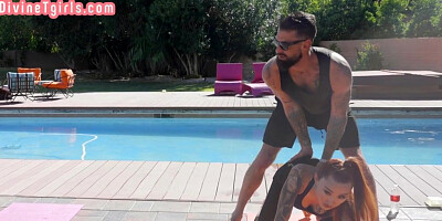 Black yoga TS fucks trainer in 3some with redhead Asian TS