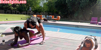 Black yoga TS fucks trainer in 3some with redhead Asian TS