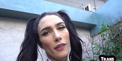 Latin TS cheerleader babe with boobs n tattoos gets fucked