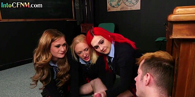 Femdom CFNM college gals suck cock of classmate in group BJ
