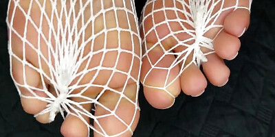 Ebony Girl Shows off Her Feet with French Pedicure in Her White Fishnets