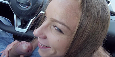 French teen Angel Emily is sucking cock in the car
