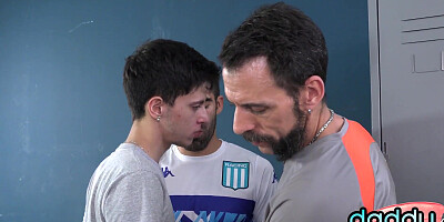 Barebacking DILFS fuck twink un public locker room 3some