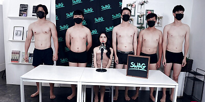 Five cocks and a petite Asian woman