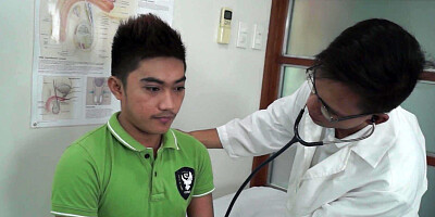Asian twink takes enema n dildo in ass during medical check