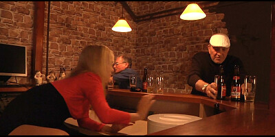 Bimbo youngster Tiffany Fox handling two old cock in a bar