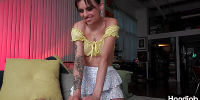 HJ amateur tattooed 21yo wanks oiled cock in dirty talk POV