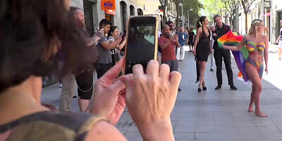 Naked busty babe paraded on the streets
