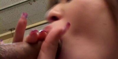 Office guys man-handling a hot office babe's cunt and mouth