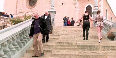 Busty slave bound and dragged to bar