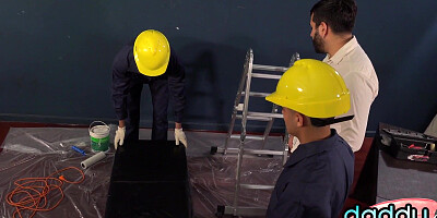 3some Latin twink workers in gloves barebacked by boss