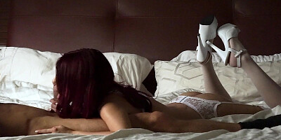 Adorable honey in high heels shows how to suck a cock