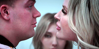 STepmom teaches stepdaughter how to suck cock