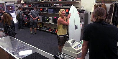 Blond pawnshop bottom fucked in stockroom 3some by owners