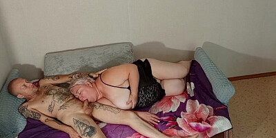 Joined a masturbating mother-in-law with big tits and fucked her in her mouth, pussy and ass