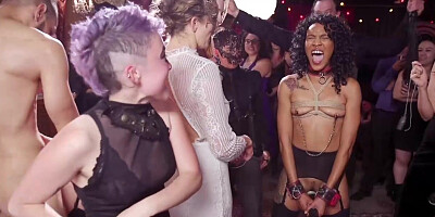 Huge tits slave fucked at orgy party