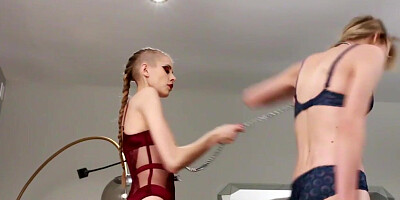 Skinny BDSM TS slut asstoyed by femdom lingerie lady