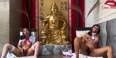 2 horny Japanese girls masturbate until they cum for their brother to give them money