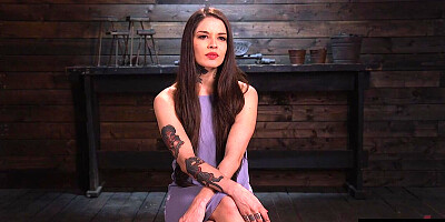 Tattooed BDSM sub sucks dildostick and gets pussywhipped