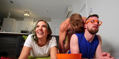 Bisexual doggystyled babe fucked in MMF while sucking cock