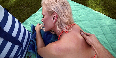 Busty mom Casca Akashova is relaxing in the park
