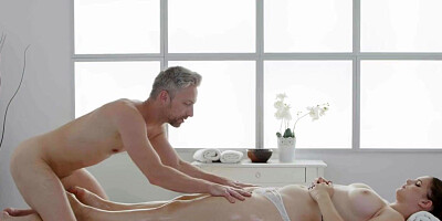 Busty babe with big tits pussypounded at massage table