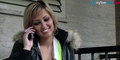 Blonde teen 18+ foot teasing in white and black stockings