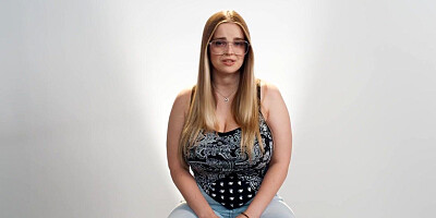 Heavy breasted solo amateur MILF masturbates on casting