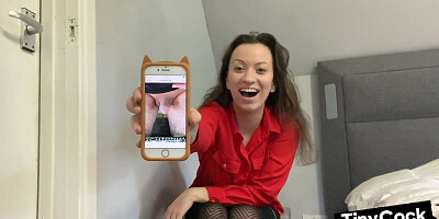 SPH domina in leather skirt talks bad to small dick losers