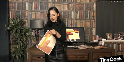 SPH babe in leather skirt humiliates small cocks on her pics