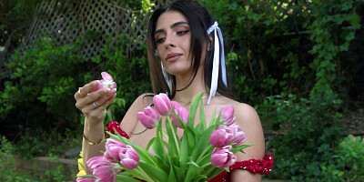 Latina red riding hood flashes her boobs