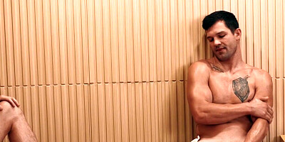 Eager jock doggystyled by muscled lover at sauna 3some
