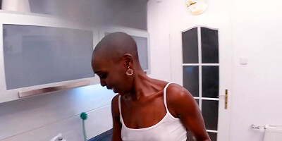 Cocksucking black babe got BBC fucked in the kitchen
