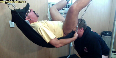 Gloryhole BJ DILF anallydrilled in sling by rimming top
