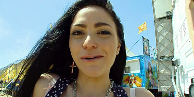 Sexy curved lady Marta La Croft posing in public