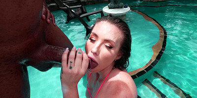 Mandy Waters is sucking black monster cock in the pool