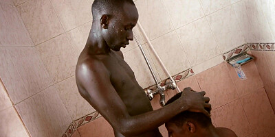 Ebony twink from Africa gets nailed after shower blowjob